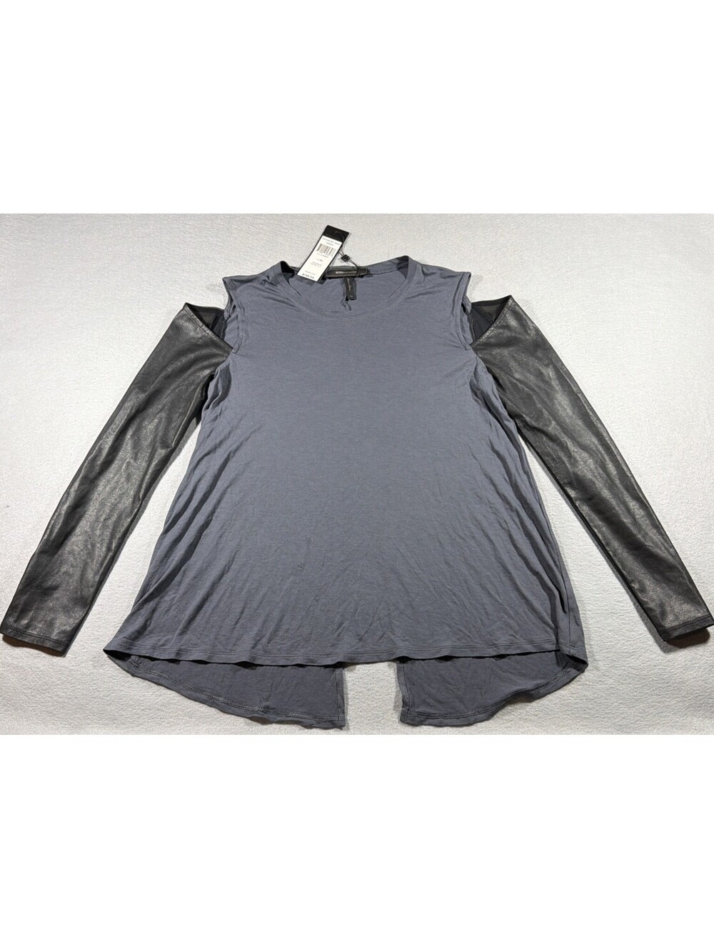BCBGMAXAZRIA "Judson" Faux-Leather Sleeve Cold-Shoulder Top Ebony XS 0124